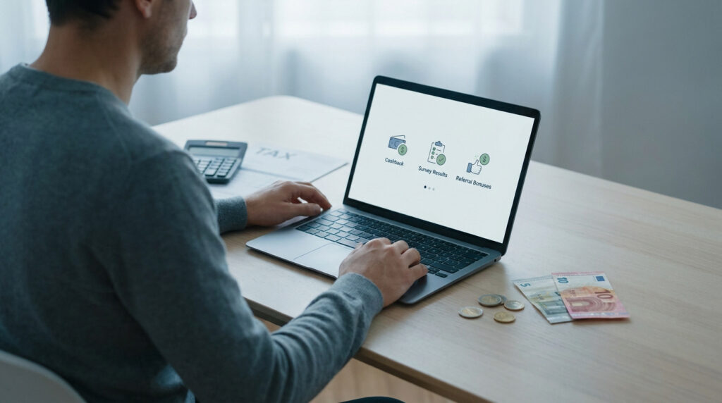 Un homme travaille sur son ordinateur affichant des icônes de revenus complémentaires comme le cashback.