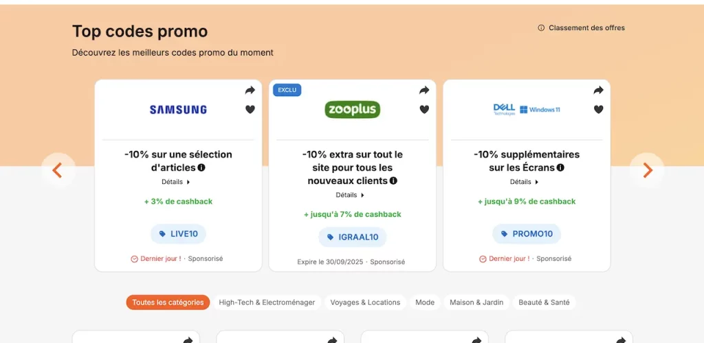 page des codes promos sur igraal